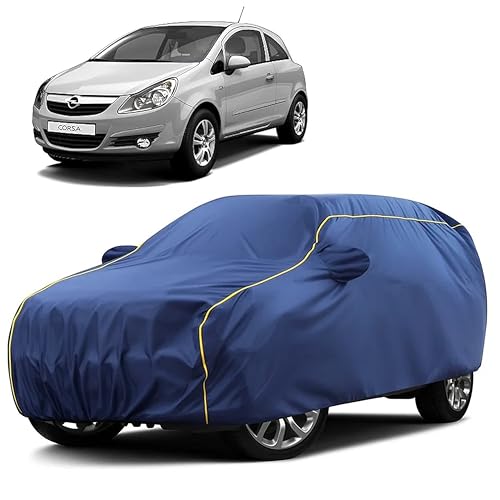 Image of Sulfar 100% Water Resistant Car Body Cover Compatible with Mirror for Opel Corsa (Triple Stitched, Full Bottom Elastic, Blue Taffeta with Yellow Piping)
