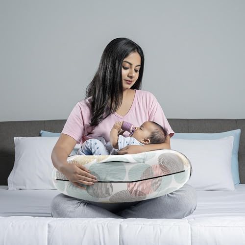 Image of Wakefit Feeding Pillow for New Born Baby | 3 Months Warranty | 5 in 1 Nursing Pillow with Belt and Hoop for Breastfeeding with Cotton Removable Cover | Moonshine