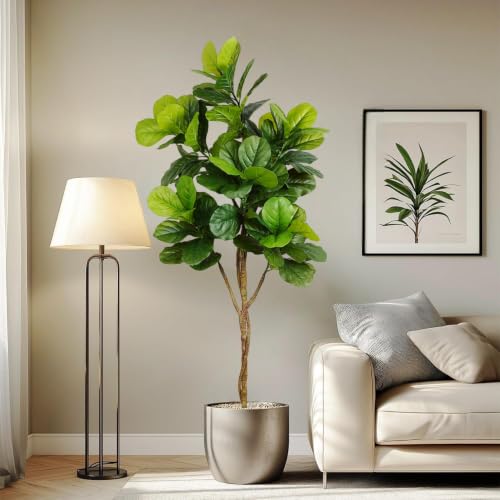 Image of ARICK DECOR Artificial Fiddle Leaf Fig Tree 6ft | Realistic Faux Silk Lush Green Plant in Pot | Peacock Shaped Large Floor Plant for Living Room, Home Office & Indoor Decor (6Ft, Green)