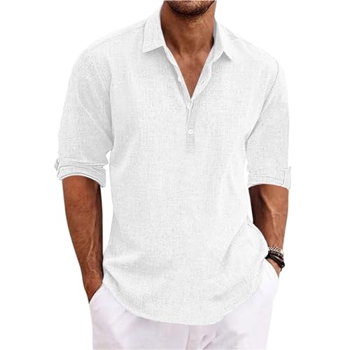 NIBESSER Camisa Lino Hombre Manga Larga Camisa Verano Hombre Elegante Camisa Slim Fit Hombre Casual con Botónes Camisas con Cuello Transpirable Color Sólido para Vacaciones Mar Playa, Blanco, M