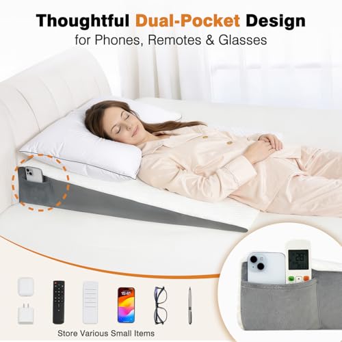 Image of Vekkia 34 inch Extra-Long Wedge Pillow, Back & Arm Support, Bed Wedge Pillow for Sleeping After Surgery, Acid Reflux, Snoring Relief, Removable Washable Cover & Double Side Pockets, 5.5 inch Height, White