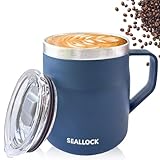 Luoqun88 Coffee Cup, Thermal Insulated Stainless Steel Travel Cup, Travel Mug with Lid & Handle, Thermal Mug- Keeps Cold/Hot for Hours, Reusable Coffee Cup Ideal Present for His Hers (Blue) - Image 1