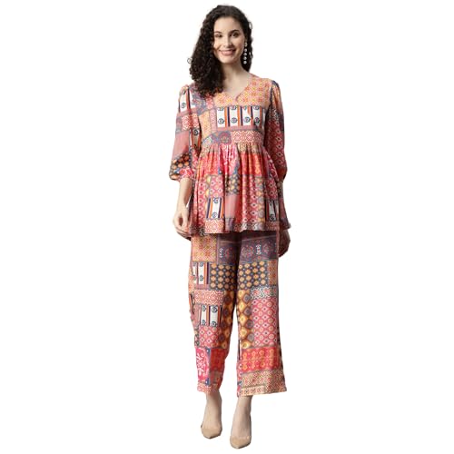 Image of DEEBACO Women's Geometric Print Rayon Top & Pants Co Ord Set For Women V Neck 3 /4 Puff Sleeve Ladies Party Casual Wear Fashionable For Girls Loose Fit Cord Set (DBCOMR00000983 M Multicolor)