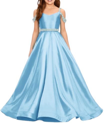 Girl's Spaghetti Strap Satin Flower Girl Dresses for Wedding Beaded Princess Pageant Dress Long Ball Gown