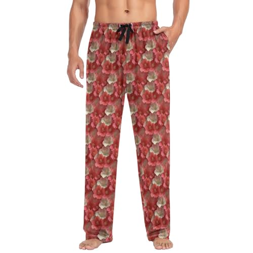 Aflyko Botanic Men's Pajama Pants Hibiscus Pink Red Pjs Sleepwear Bottoms