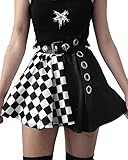 Women's High Waisted A-line Gothic Skirt Short Flare Mini Plaid Punk Pleated Skirt Black