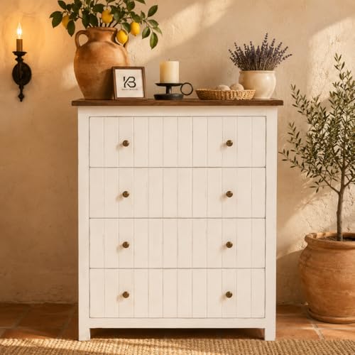 Image of Solid Wood Madrid Chest of Drawers | Drawer Chest with 4 Drawers | Wooden Drawer Storage Cabinet | Finish- White
