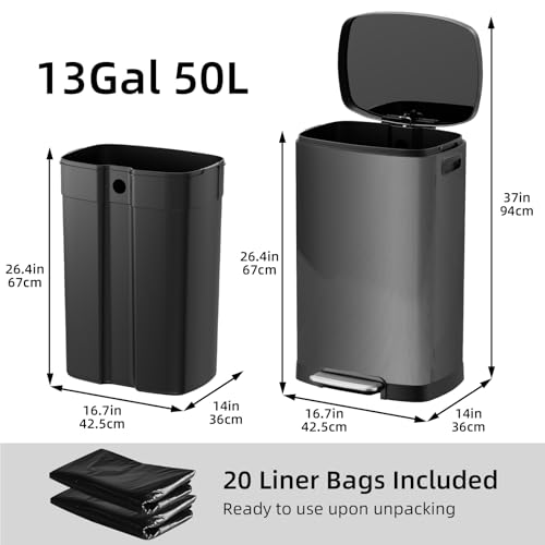 Image of KUK 13 Gallon Kitchen Trash Can with Lid, 50L /13Gal Office Step Garbage Can for Home, Kitchen, Laundry Room, Office, Titanium Black