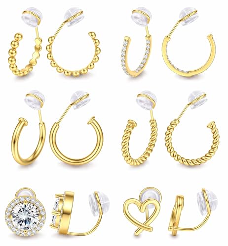 Sanfenly Clip On Earrings for Women 14K Gold Plated Non Pierced Gold Clip On Hoops Earrings Small Cute Chunky CZ Heart Adjustable No Piercing Earring Hypoallergenic Fake Earrings Set（12 Pcs Gold/Silver）