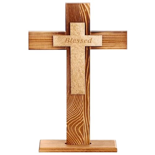 Wood Standing Cross,Christians Spiritual Religious Jesus Cross Wall Art,Handmade Nature Wooden Blessed,Tabletop for Church Home Decor Wood Crucifix