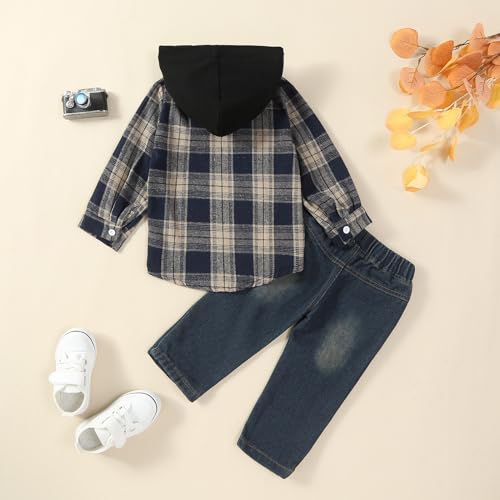 Image of Toddler Baby Boy Fall Winter Clothes Long Sleeve Plaid Hooded Sweatshirt Ripped Holes Jeans Set 1-5 Years Old