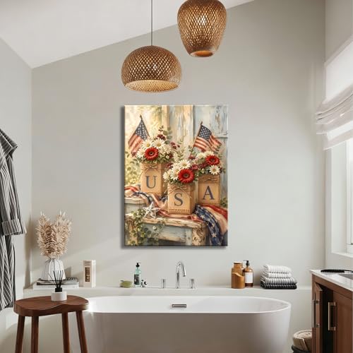 Image of Patriotic Wall Art Canvas Prints Pictures, 4th of July Americana Artwork Rustic USA Flag Floral Decor Independence Day Decorations for Home, Farmhouse Wall Decor for Living Room Bedroom Office