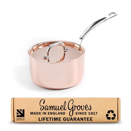 Samuel Groves 16cm Copper & Stainless Steel Saucepan with Lid, Tri-Ply Induction Sauce Pan, Oven Safe Professional Cookware, Uncoated Metal Pan for Gas, Electric & Ceramic Hobs, Made in England