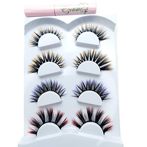Fake Colored Eyelashes (4 Pairs) - 3D Eye Lashes Extension (# 2- Black/Gold Tip, Black/Gold Tip Cross lashes style, Black/Purple Tip, Black/Red Tip + With Black Adhesive (3 ml) Eyelashes Glue)