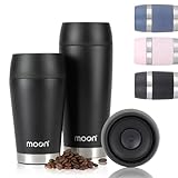 Moon 360° Travel Mugs - Leakproof Reusable Coffee Cup for Hot Drinks - Insulated Stainless Steel Thermal Mug, Fits Car Cup Holders (450ml, Powder Coat/Black)