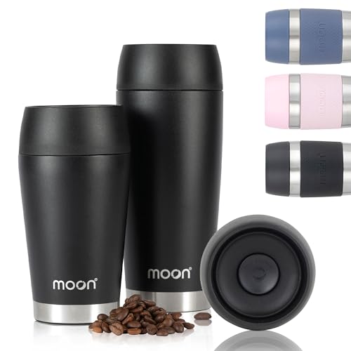Moon 360° Travel Mugs - Leakproof Reusable Coffee Cup for Hot Drinks - Insulated Stainless Steel Thermal Mug, Fits Car Cup Holders (450ml, Powder Coat/Black)