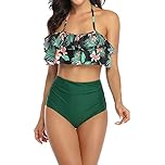 TEERFU Swimsuit for Women Two Piece Bathing Suits Ruffled Flounce Top Swimwear High Waist Bottom Bikini Set Tankini Dark Green