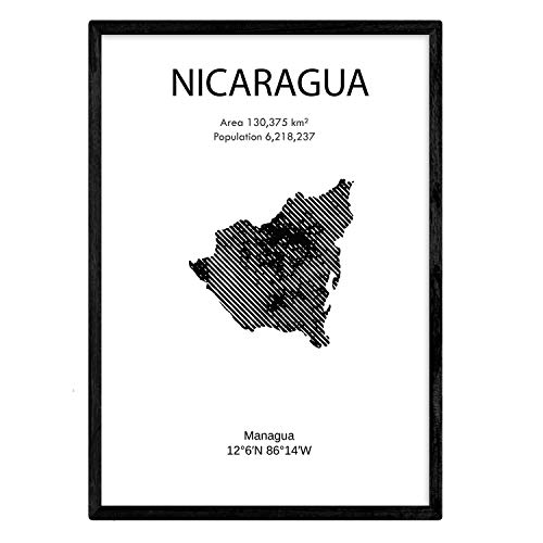 Affiche du Nicaragua. Lames de pays et de continents du monde. Taille A4 avec cadre