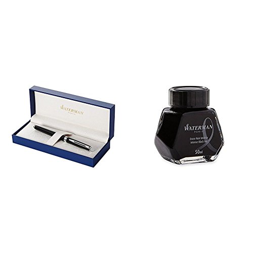 Stylo Plume Waterman Hémisphère Noir Chrome en Écrin avec Encre Noire 50 ml à Offrir en Cadeau