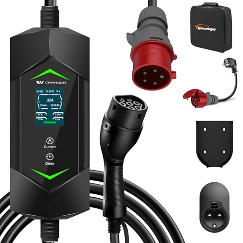 GUWIEYG Charging Cable Type 2 CEE Plug 22KW 32A 3 Phase 5M IEC62196 EV Charger with Adjustable Current and Digital Display Type 2 CEE Charging Cable for EV/PHEV
