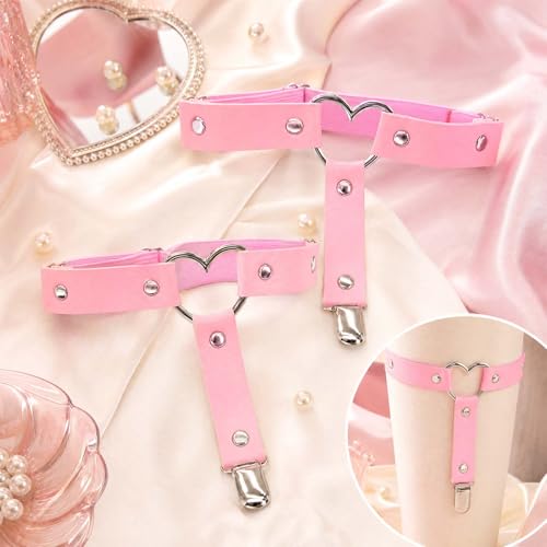 Image of Garters Belt Adjustable Love Heart Leg Garter with Buckle Anti-Slip Clips Elastic Punk 1 Pair