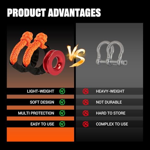 Image of BARTOO Winch Snatch 66000 LB Recovery Ring with 2 PCS Soft Shackle 1 /2 inch X 22 Inch Winch Rope, for ATV UTV SUV Truck Off-Road Vehicle Recovery Accessories, Orange