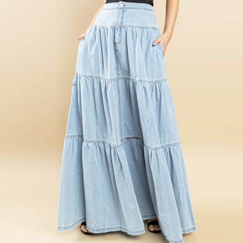 Womens Jean Long Skirts Tiered Denim High Waisted Western Cowgirl Maxi Skirts A Line Pleated Layers Chino Skirt2