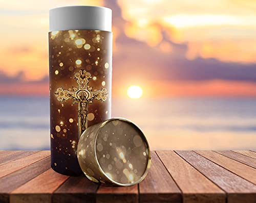 Image of Gold Cross Scattering Tubes for Human Ashes TSA Approved Scattering Urn and Eco-Friendly Biodegradable Urns for Human Ashes & Biodegradable Urn for Burial at Sea