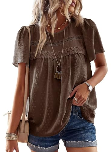 TUUHAW T-Shirts à Manches Courtes Femme Oversize Dentelle Fluide Chemise Été Léger Boho Col Rond Tunique Confortable Mousseline Hauts Blouse Top Chemise...
