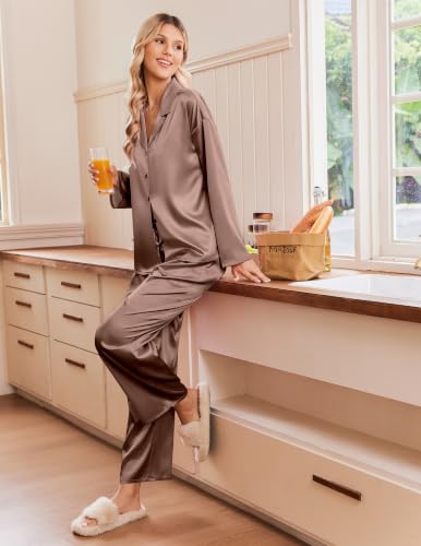 Ekouaer Silk Satin Pajamas for Women Long Sleeve Button Up Pjs Lounge Set — view 4