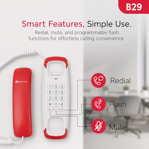 Image of Beetel B29 Designer Slim and Stylish Corded Landline Phone,Ringer Volume Control,Wall /Desk Mountable,Clear Call Quality,Compact Design,Tone Pulse /Flash /Redial Function (Made in India) (Red White)(B29)