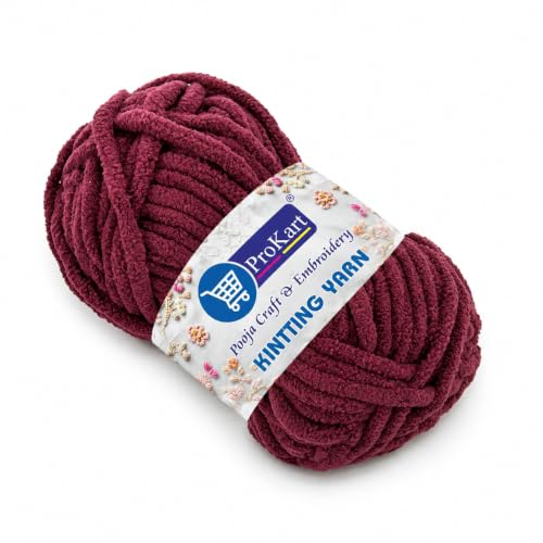 Image of ProKart Premium Chenille Yarn Ball, Super Soft Plush Blankie Wool for Knitting & Crochet. Thick Mottu Yarn for Sweaters, Caps, Scarves, Throws & Blankets. Wine.