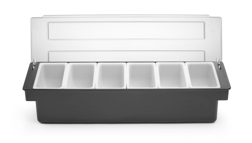 HENDI Porta Condimenti BarUp, Vaschetta Porta Guarnizioni per Cocktail con Coperchio Trasparente, 6 Contenitori in Polipropilene, 480x150x(H) 100mm, HIPS, Nero