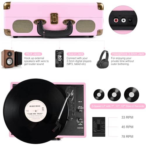 Image of Vinyl Record Player 3-Speed Bluetooth Suitcase Portable Belt-Driven Record Player with Built-in Speakers RCA Line Out AUX in Headphone Jack Vintage Turntable Pink