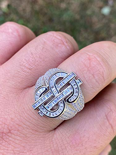 HarlemBling Solid 925 Sterling Silver - Money $ Ring - Iced Flooded Out Baguette Diamond Mens Hip Hop Dollar Sign Ring - Sizes 7-134