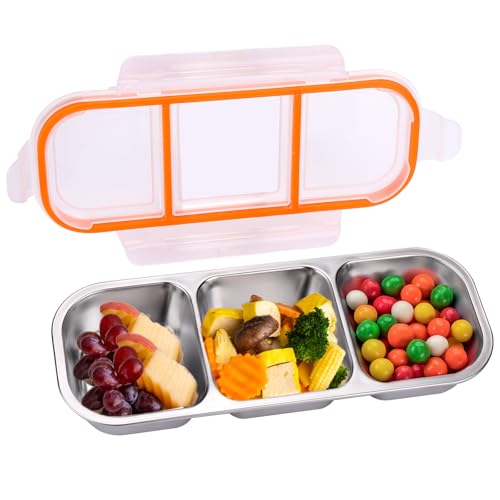 Mity rain Stainless Steel Snack Containers Reusable with Lids - 3 Compartment Leakproof Snack Box for Kids Reusable Dishwasher- Portable Food Storage Box for Adults School Travel Camping Home