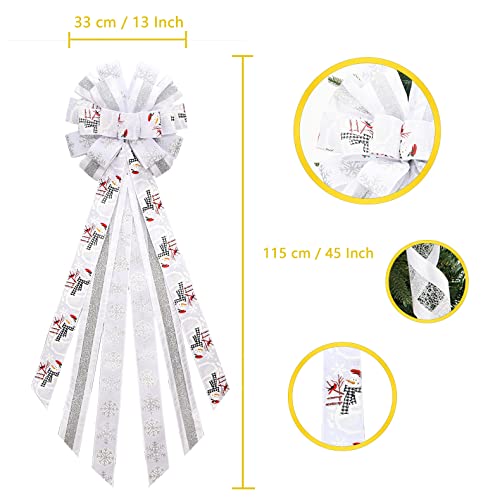 Christmas Tree Topper,45X13 Inches Large Snowman Toppers Bow With Merry Christmas And White Snowflake For Christmas Decoration(White Snowman) #TOP1