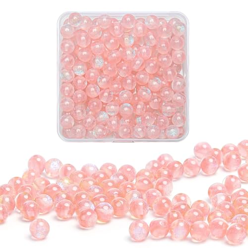 Gkelaly Cuentas de cristal con purpurina rosa claro de 8 mm para hacer pulseras, 100 cuentas de cristal redondas iridiscentes para hacer joyas, collares y aretes, con caja de almacenamiento
