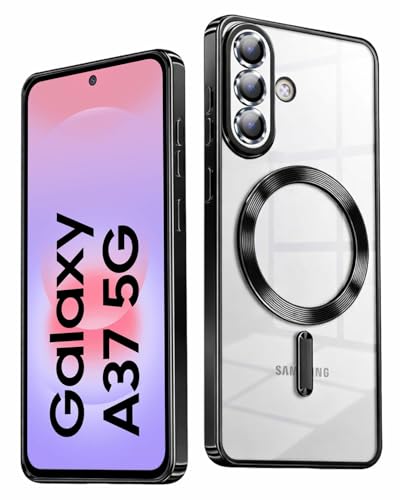 Image of VONZEE Clear Logo Electroplating Transparent Back Case for Samsung Galaxy A37 5G, Magnetic Plating Electroplate TPU Cover, Individual Camera Protection for Each Lens- Black