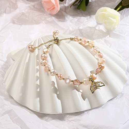 Emibele Cultured Pearl Bracelet Baroque 14K Gold Plated Mermaid Tail Bracelet, Adjustable Pearl Link Bracelet Fashion Vintage Jewelry Gift For Mom Women Girls, Mixed Color #TOP2