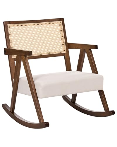 Beliani Sillón Mecedora tapizado Respaldo con Trenza vienesa Estilo escandinavo Estructura de Madera de Caucho Tela marrón y Beige Claro Rya