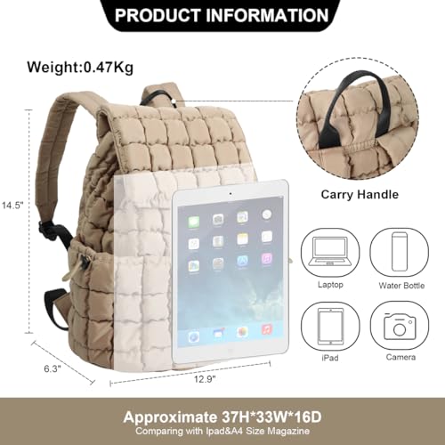 Quilted Travel Duffle Bag Gym Bag&Quilted Backpack Purse for Women,Large Puffer Duffle Weekender Bag Lightweight Puffer Puffy College Laptop Backpack with Compartment for Travel Gym Airplane(Khaki)3