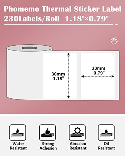 Multi-Purpose Square Self-Adhesive Label for Phomemo M110 Label Printer,1.18" x 0.79" (30x20mm), 230 Labels/Roll