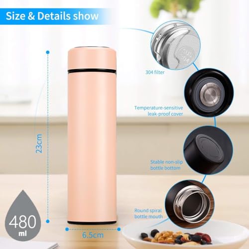 Image of Stainless Steel Smart Water Bottle with LED Temperature Display Double Wall Insulated Leak-Proof Flask Keeps Drinks Hot /Cold for 24 Hour (500ml) (Golden)