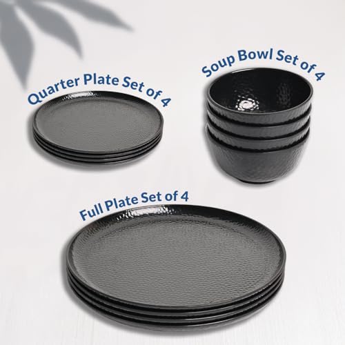 Image of Market99 Heavy-Duty Black Hammered Melamine Dinner Set - 12 Pcs | Includes 4 Dinner Plates, 4 Side Plates & 4 Soup Bowls | Matte Finish Tableware for Daily Dining, Kitchen & Elegant Mealtime Setup