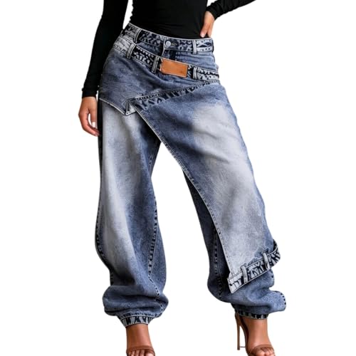 Générique Jean Baggy Femme Coupe Asymétrique Patchwork Taille Haute Pantalon en Denim Été Décontractée Bas Élastiqué Pantalon en Jean Stretch Tendance...
