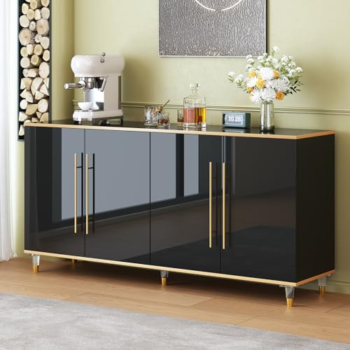 ONBRILL 63' Sideboard Buffet Cabinet with Storage, Console Cabinets with Adjustable Shelves & Doors, High Glossy Black and Gold Sideboards for Living Room Kitchen Entryway