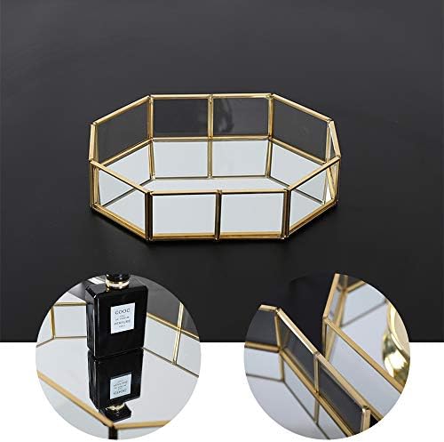 Gold Glass Mirrored Tray, Polygon Metal Decorative Tray Jewelry Perfume Organizer Makeup Tray for Vanity, Dresser, Bathroom, Bedroom (Small)
