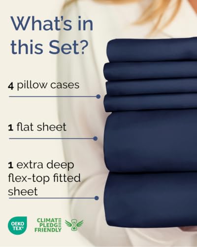 Image of Extra Deep Flex Top Split Head King Sheet Set - 6 Piece Breathable and Cooling Sheets - Hotel Luxury Bedding for Women, Men, Kids & Teens - Easy Secure Fit - Extra Deep Pockets - Navy Blue