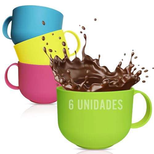 La Mejor Selección de Tazas de desayuno - los más vendidos. 50 Mypicompany. Juego de 6 tazas grandes de desayuno de plástico, sin BPA, tamaño XXL, 600 ml, colores vivos